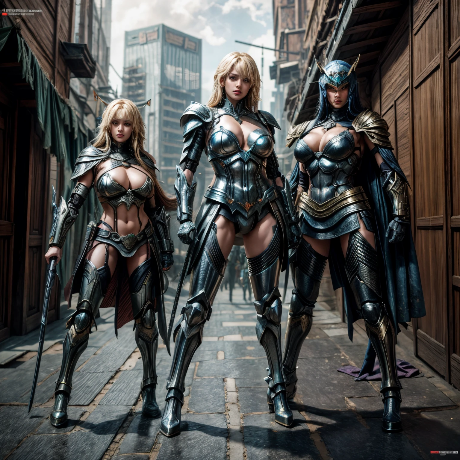 medieval Amazons are standing in a futuristic city with robots, full body shot, giga_busty