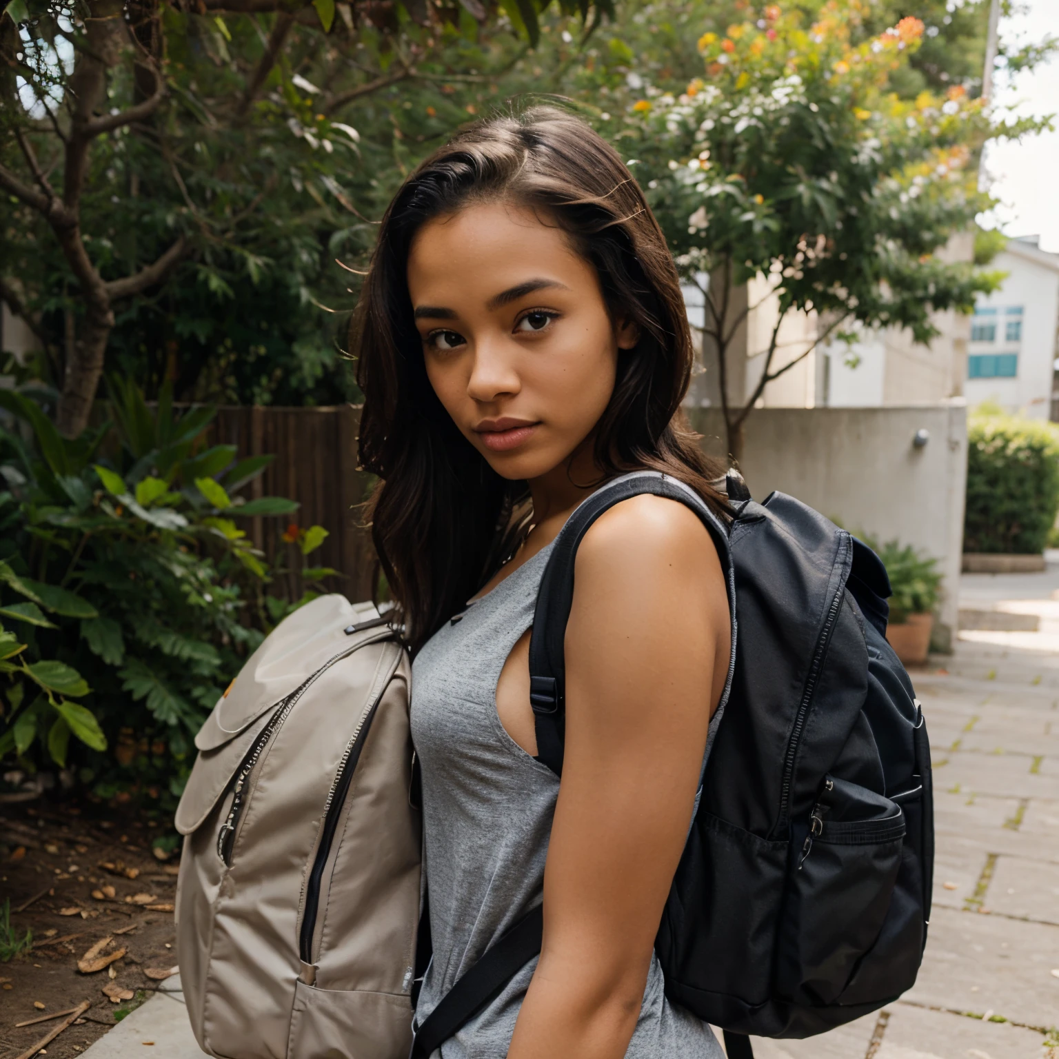a lighskin model outdoor with a backpack being shy