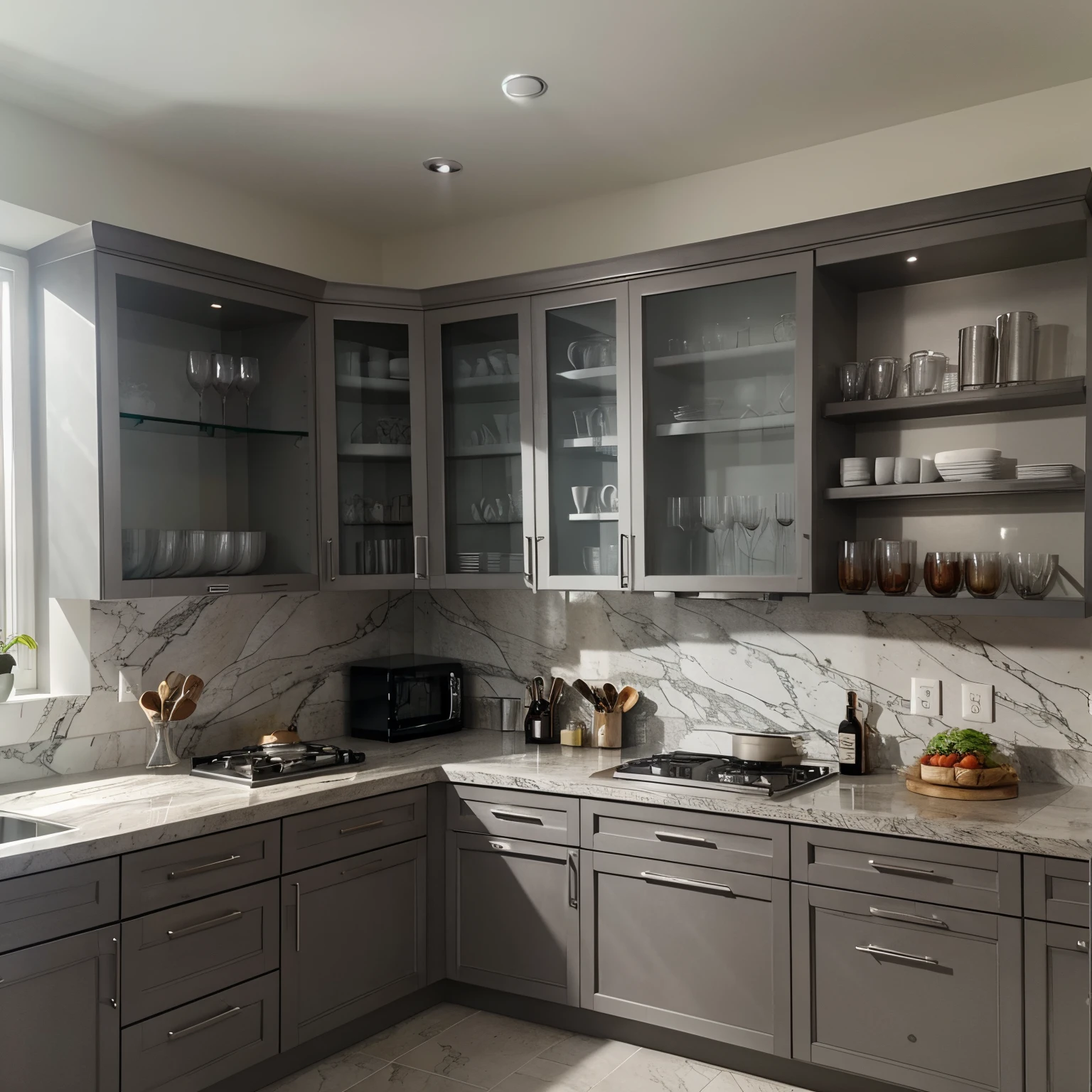 kitchen, diagonal corner induction cooker, glass wine cabinet, display shelves, gray stone surface, no windows, cold gray tones, minimalist style