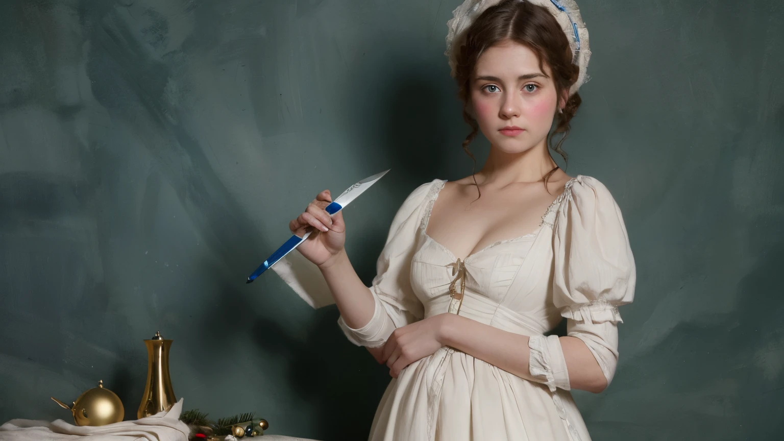 christmas theme, masterpiece, ultra high res,(photo realistic:1.4), full body picture, standing but slightly bent Victorian young lady holding a medical knife in her hand on top on a table with medical tools, victorian painting era, victorian lady, brown hair, high quality, perfect face, blue eyes, christmas themed with a christmas tree in the background