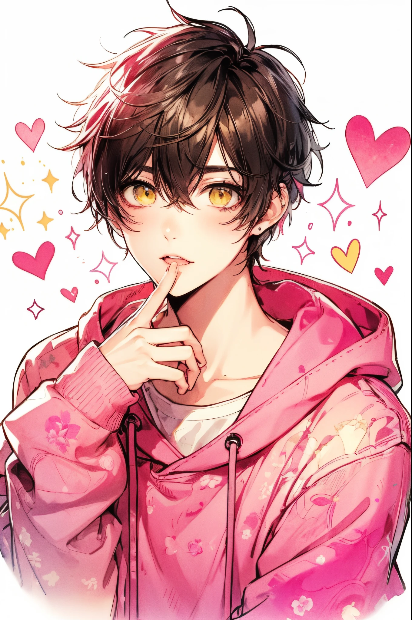 • Beautiful young man, • Black hair, • yellow eyes, • bright pink hoodie, • Playful and intricate design, • Full body portrait, • High angle view (bird’s eye view), • Hand touching mouth.., • Heart sticker on cheek, • Heart and shine, • Attractive atmosphere, • Japanese anime style, ・Clear line drawing, ·Transparent watercolor, • Clear shading, • Slightly deformed.., • young々Fun and quirky charm.