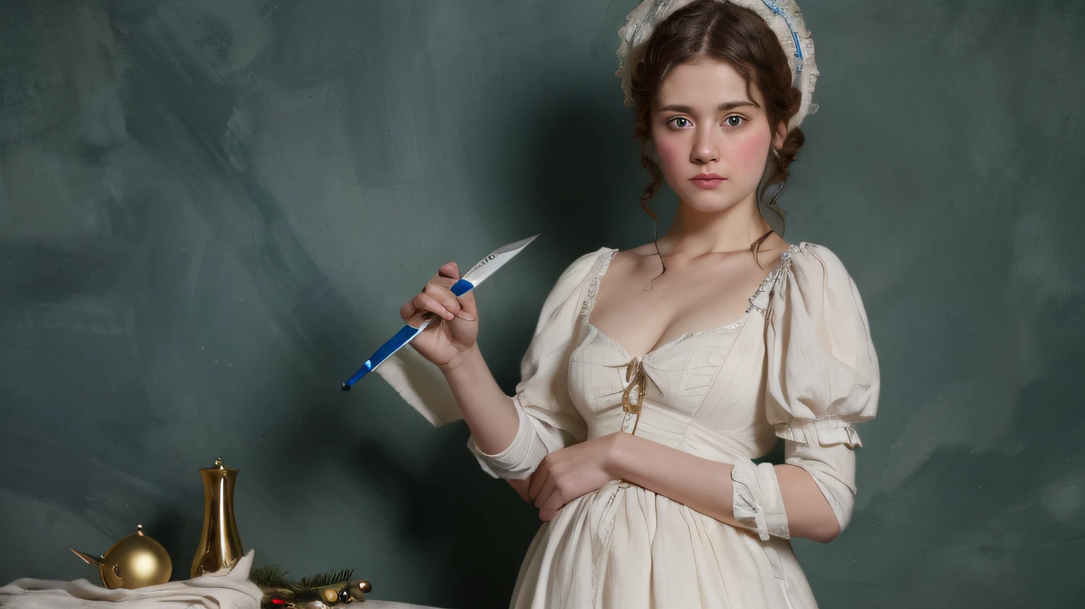 christmas theme, masterpiece, ultra high res,(photo realistic:1.4), full body picture, standing but slightly bent Victorian young lady holding a medical knife in her hand on top on a table with medical tools, victorian painting era, victorian lady, brown hair, high quality, perfect face, blue eyes, christmas themed with a christmas tree in the background, better hand