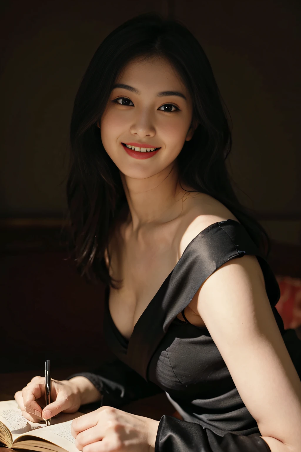 Woman reading,antique,A smile,,Sweet and seductive appearance.、Caravaggio's paintings、Chiaroscuro of Caravaggio,,Cute smile, Expression of ecstasy,erotick,A sexy,Seduce you,