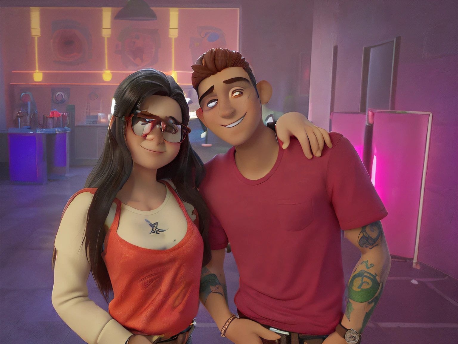 una pareja muy guapa en una discoteca, the dark boy with brown eyes, camiseta roja, pelo corto y liso, with tattoos on his arm and a watch on his wrist. Al lado se encuentra su chica con un corse rojo de encaje rodeando al hombro de su chico con una mano, tiene el pelo largo, Smooth and chestnut, esta sonriendo y tiene unas gafas con marco blanco en la cabeza.
