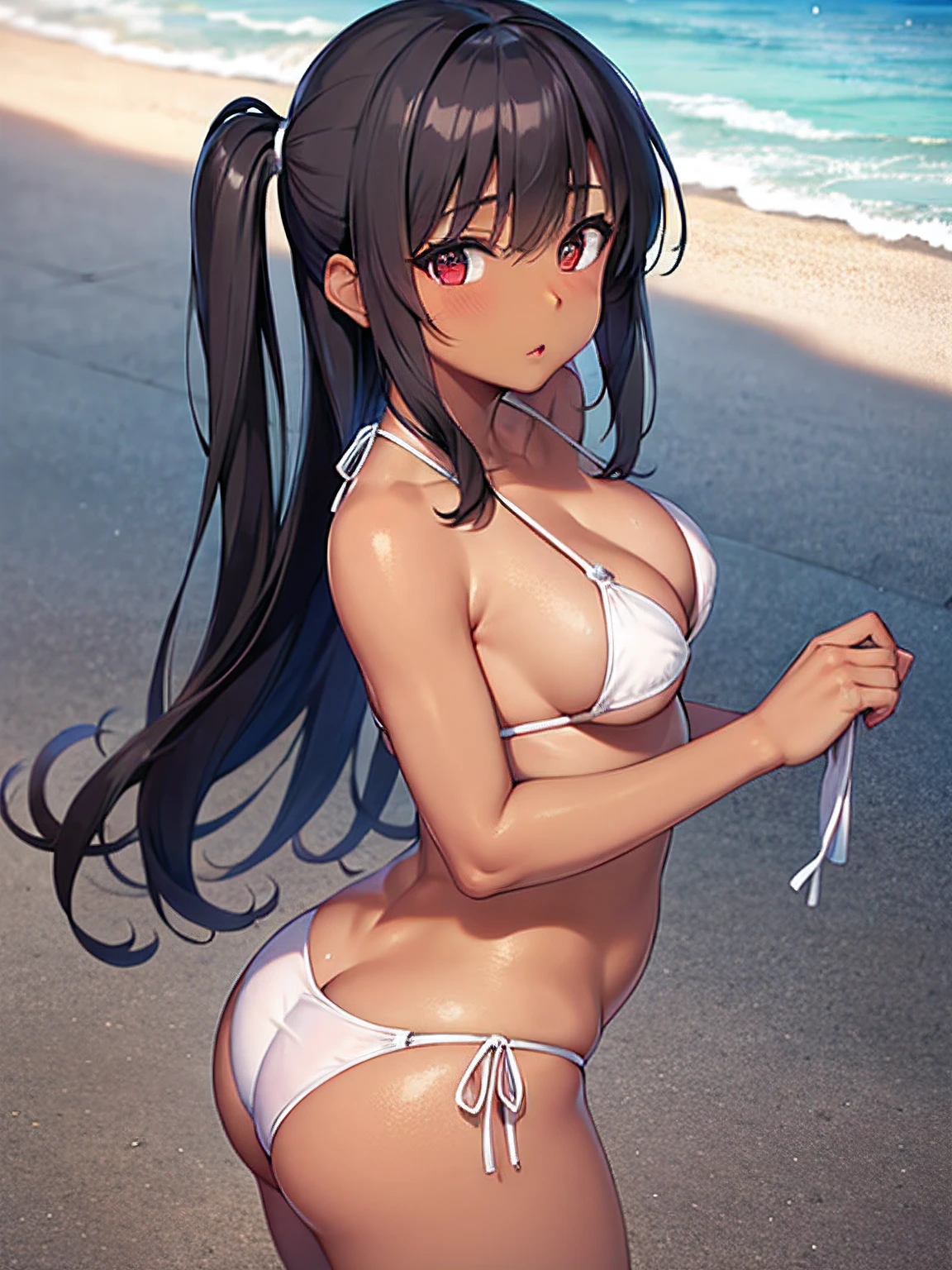 (Best Quality, High resolution,) Solo, house wife, (Dark skin:1.2), (chubby), (medium breasts:1.1), (Semi-long hair), Black hair, BREAK, NSFW, White Side Tie Bikini Bottom, Leaning forward, Cowboy Shot, Beach