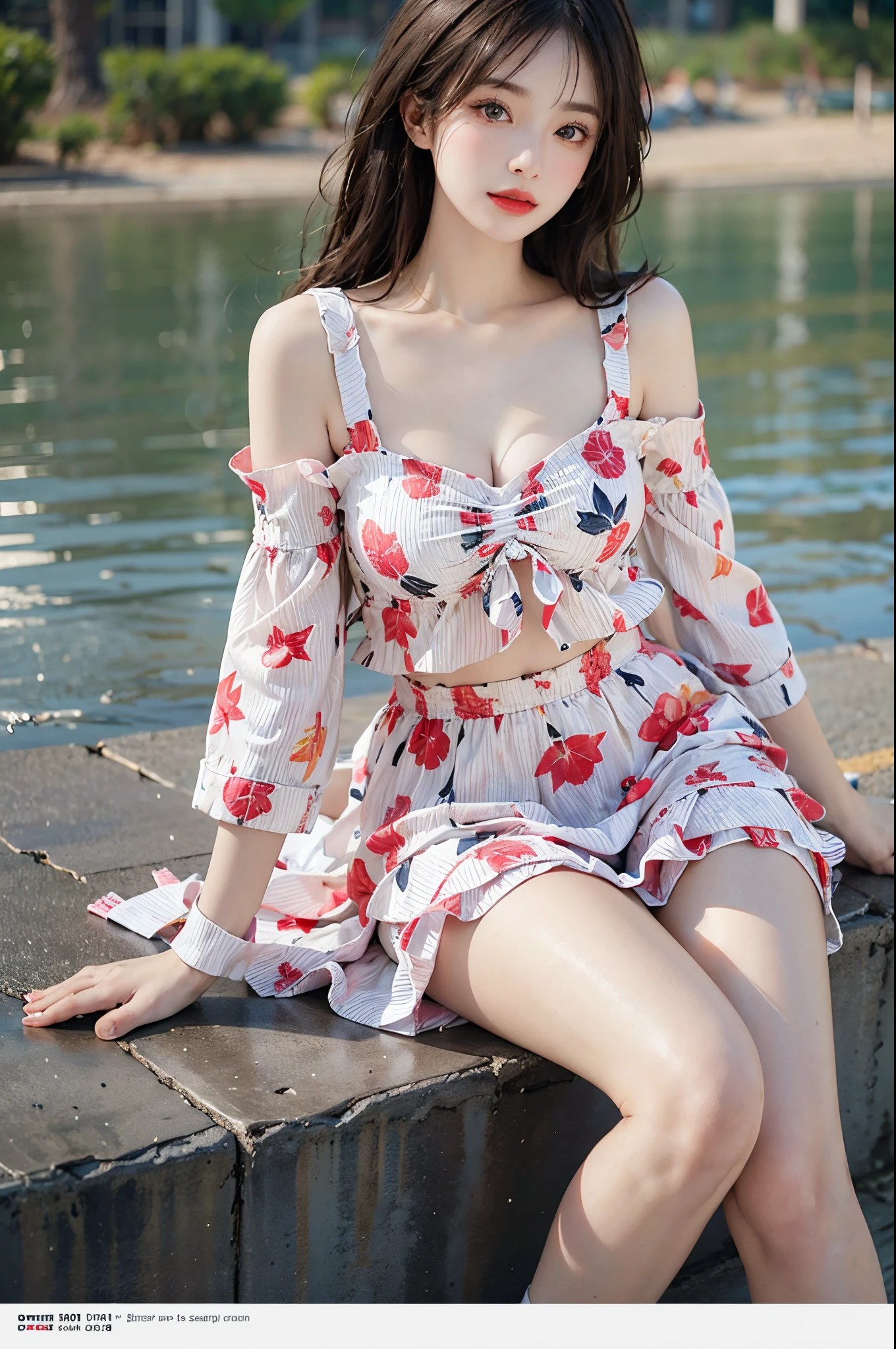 Sweet girl clothes6,print dress, red lips, mature female, makeup, Big eyes. Pretty eyes, ((Random shooting angles)), (best quality, masterpiece:1.2), ultra-detailed, (realistic:1.37), beautiful, youthful, glamorous model with (detailed eyes, detailed lips, extremely detailed eyes), with white and floral colors, showcasing a radiant smile, slender figure, long legs, creating a breathtaking depiction of a girl enjoying the sunshine, Outdoor sports, the beach, on the pier, Warm tones, extremely high color saturation, official art, extremely detailed CG unified 8k wallpaper,(High dynamic range :1.4), (cinematic),(soft colors, dull colors, soothing tones :1.3), (natural skin texture, ultra-realistic, soft light, sharp),(very detailed), Evening, autumn, autumn maple leaves, professional lighting, leaning against the guardrail, looking into the distance