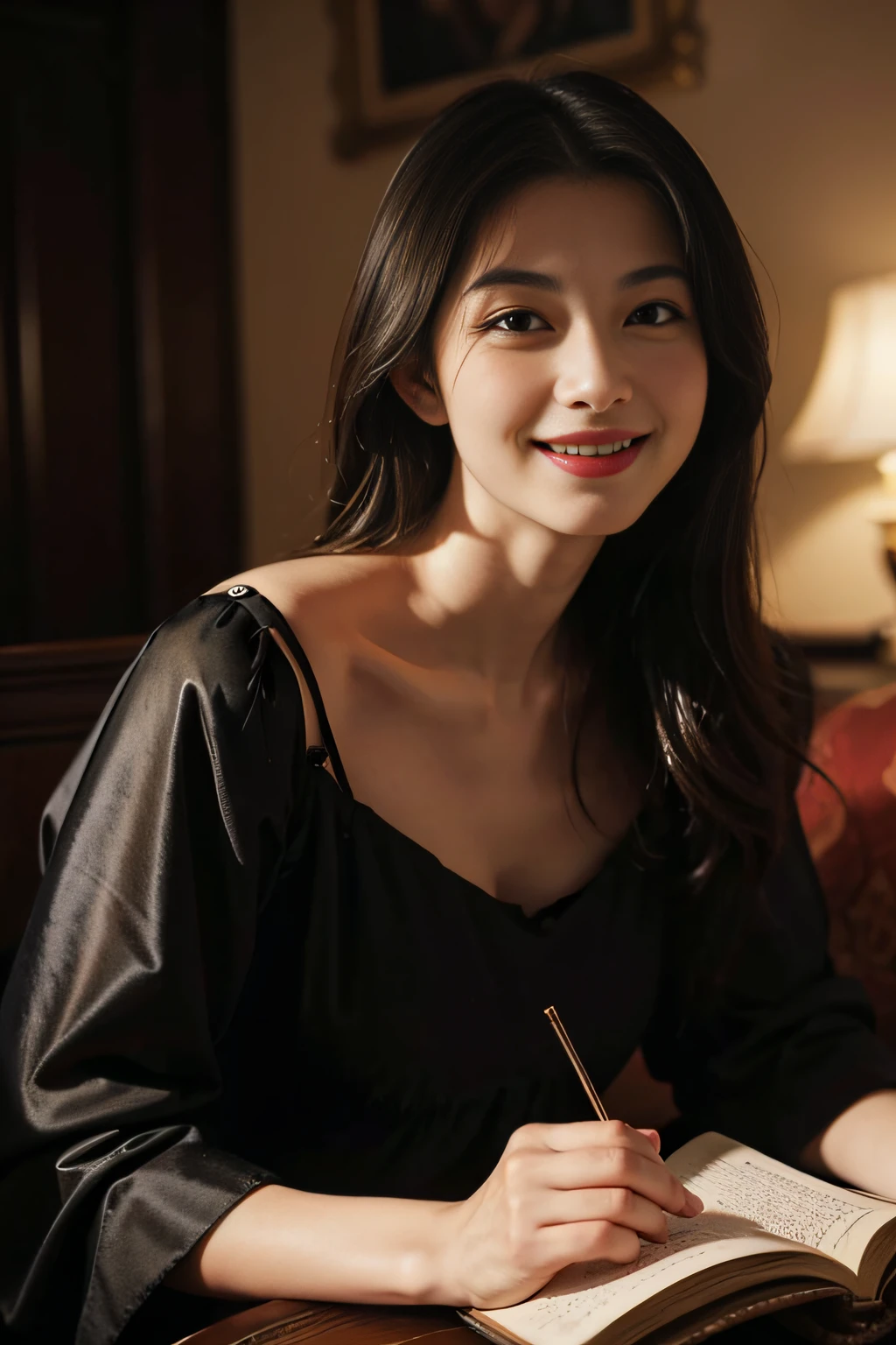 Woman reading,antique,A smile,,Sweet and seductive appearance.、Caravaggio's paintings、Chiaroscuro of Caravaggio,,Cute smile, Expression of ecstasy,erotick,A sexy,Seduce you