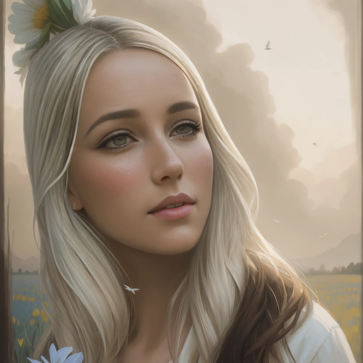 Painting of a woman in a field with birds flying overhead, Author: RHADS, inspired by RHADS, rhads and lois van baarle, rhads!!!, Concept art | rhads, rhads!, WLOP and RHADS, rob rey, Girl dancing on a flower field, Rads watercolor, A girl walks through a flower field