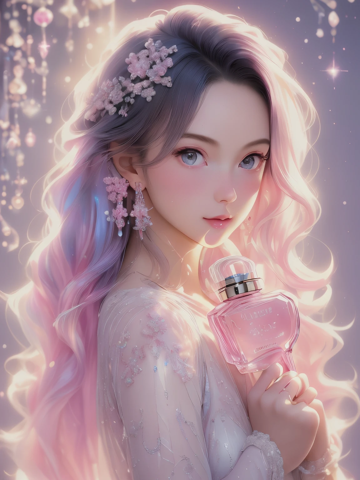 ((masutepiece)), Highly detailed, Best Quality, 8K, (Soft light), Cinematic Light, 1girl in, put the perfume bottle to her mouth, Cozy, Clean details, Looking at the camera, iridescent, milkyW, Warmly lit, soap, (Pink Theme),Best Quality,Colorful (((Upper body))),
1 Model Girl, Solo, Alone,Jewelry, earrings, Long hair, profile, Upper body, milkyW, Warmly lit, soap, (Pink Theme), iridescent, , blush, See-through