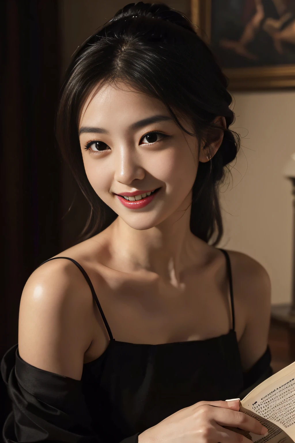 Woman reading,antique,A smile,,Sweet and seductive appearance.、Caravaggio's paintings、Chiaroscuro of Caravaggio,,Cute smile, Expression of ecstasy,erotick,A sexy,Seduce you