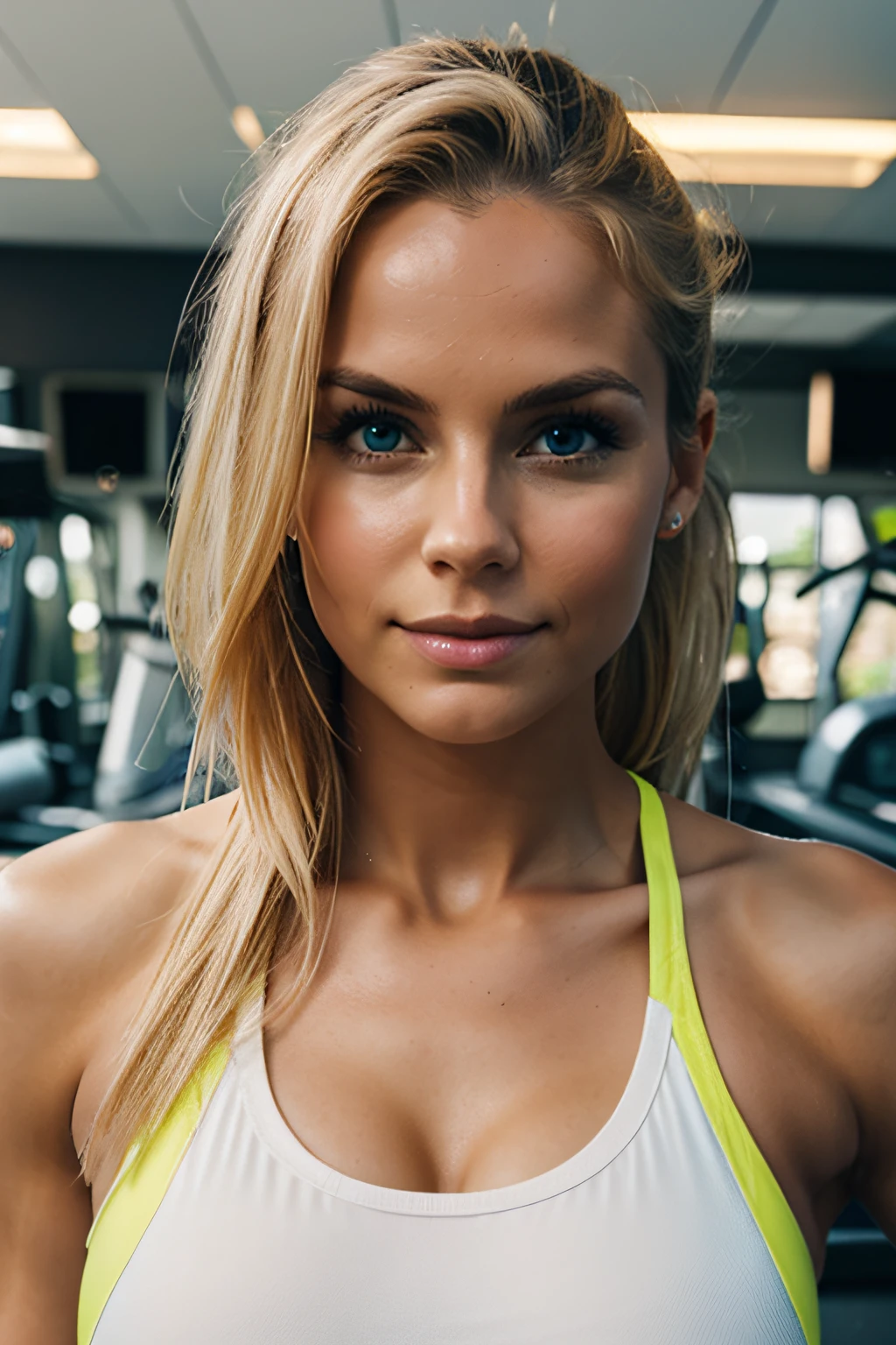 cute beautiful blonde wearing workout gear (in a gym), very detailed, 21 years old, innocent face, natural wave hair in a pony tail, blue eyes, high-res, masterpiece, best quality, intricate details, highly detailed, sharp focus, detailed skin, realistic skin texture, texture, detailed eyes, professional, 4k, charmer smile, shot on Canon, 85mm, kodak vision color, perfect fit body, extremely detailed, photo_\(ultra\), photorealistic, realistic, post-processing, max detail, roughness, real life, ultra realistic, photorealism, photography, 8k uhd, photography