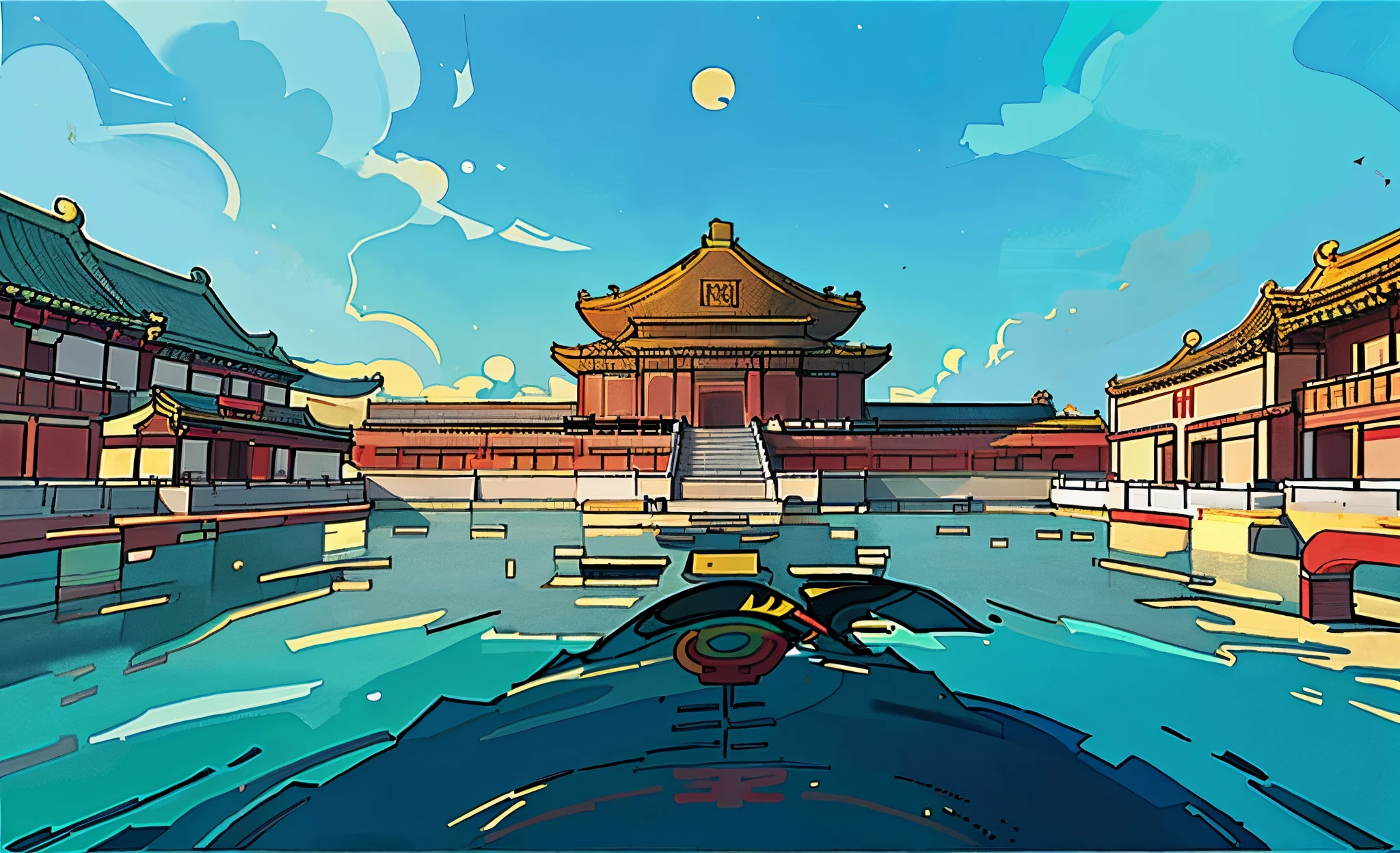 The national flag of China，majestic mountain peaks，Tiananmen square，The book reads, "The party was childish."，Set sail with your dreams"