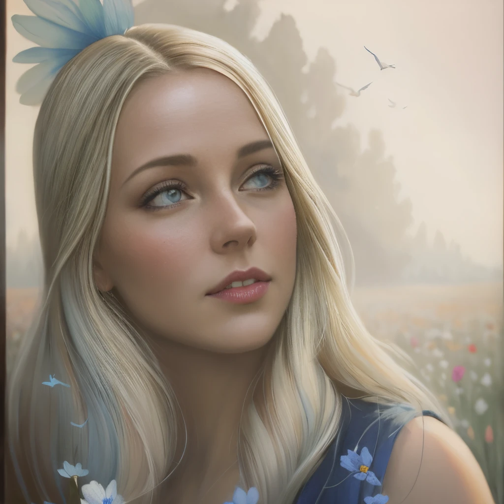 Painting of a blue-eyed woman in a field with birds flying overhead,Human hand, very clear without flaws with five fingersAuthor: rhads, inspired by Rads, rhads and lois van baarle, rhads!!!, Concept art | rhads, rhads!, WLOP and Rads, rob rey, Girl dancing on a flower field, Rads watercolor, Girl walking through a field of flowers