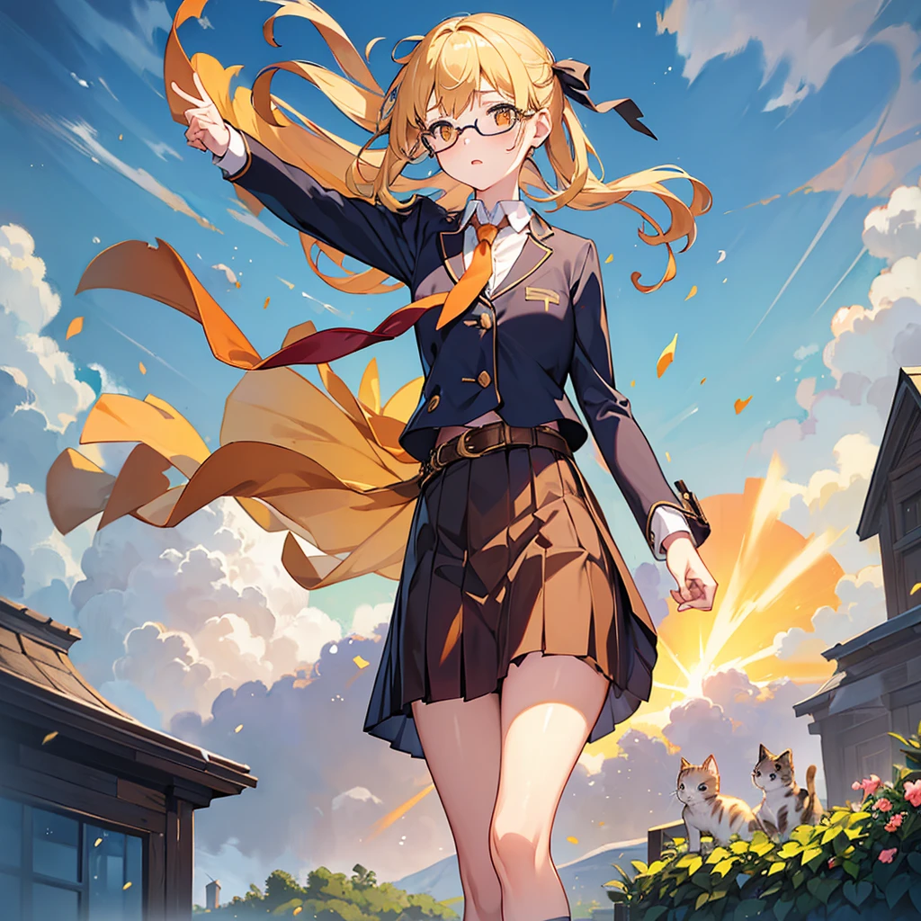 1girl in, Solo, Soft lighting, Fast execution, Blonde hair, Orange Eyes, Surprised look, (Wide open eyes), Hair Ribbon, Short hair, Brown hair, School uniform, neck tie, Belt bag, Glasses, garden, (A strong wind tears her skirt, showing underwear:1.4), (hold her skirt with her hand:1.5), (high wind effects:1.3), Camera angle looking up from below, (Pet Kittens:1.2)