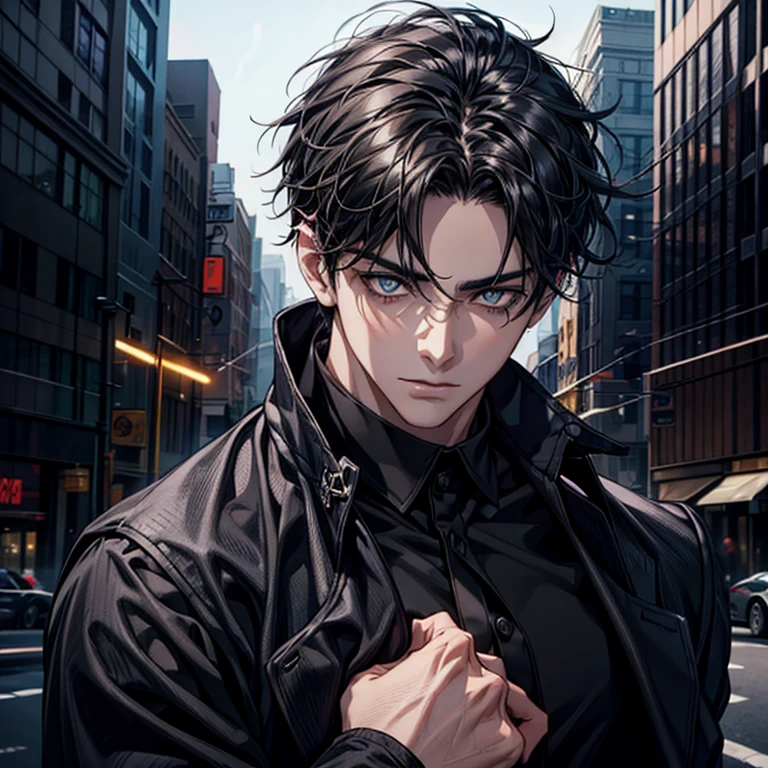 1boy, face black button shirt, 29 year old man, man, male cleavage, black pants, yellow eye color, black hair, black full covered neck tattoos, best quality, high resolution, detailed face, office, buildings from window, night, detailed background, diffused light, seductive expression, ultra hyper detail, finely detailed, Precision and accuracy, sharp focus, detailed face, detailed eyes, detailed hands, best quality