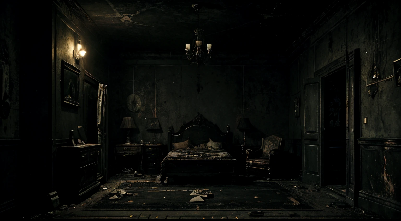 Room with a dark environment, old and off-air TV, dark and macabre Resident Evil mansion-style environment and alone in the dark, post-apocalyptic. Dark, night-time atmosphere, sinister Outlast and Resident Evil style horror location. No characters in the scene. Antique wall clock.