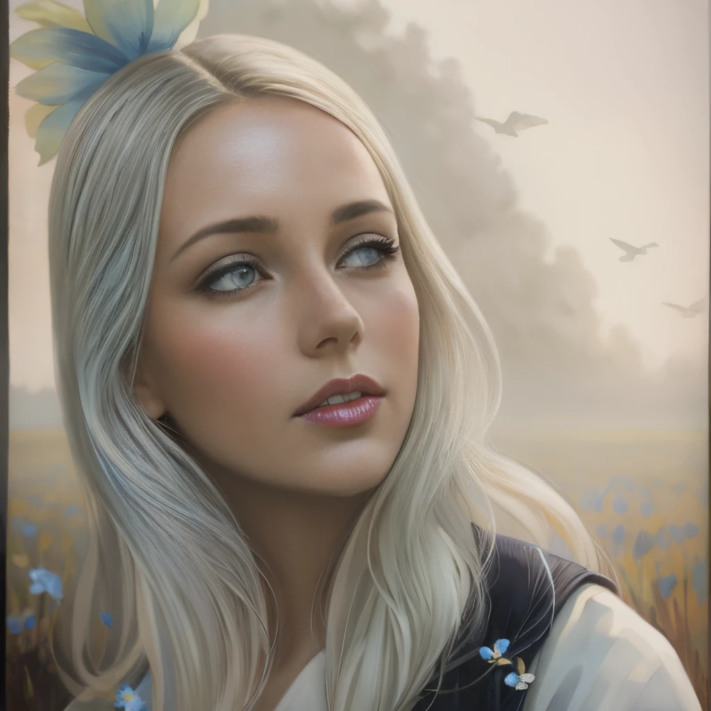 a painting: blue-eyed woman in the field, birds fly overhead.,clearly defined eyes, Human Hand, very clearly without flaws with five fingersAuthor: rhads, inspired by Rads, rhads and lois van baarle, rhads!!!, Concept art | rhads, rhads!, WLOP and RADS, rob rey, Girl dancing on a flower field, Rads watercolor, Girl walking through a field of flowers