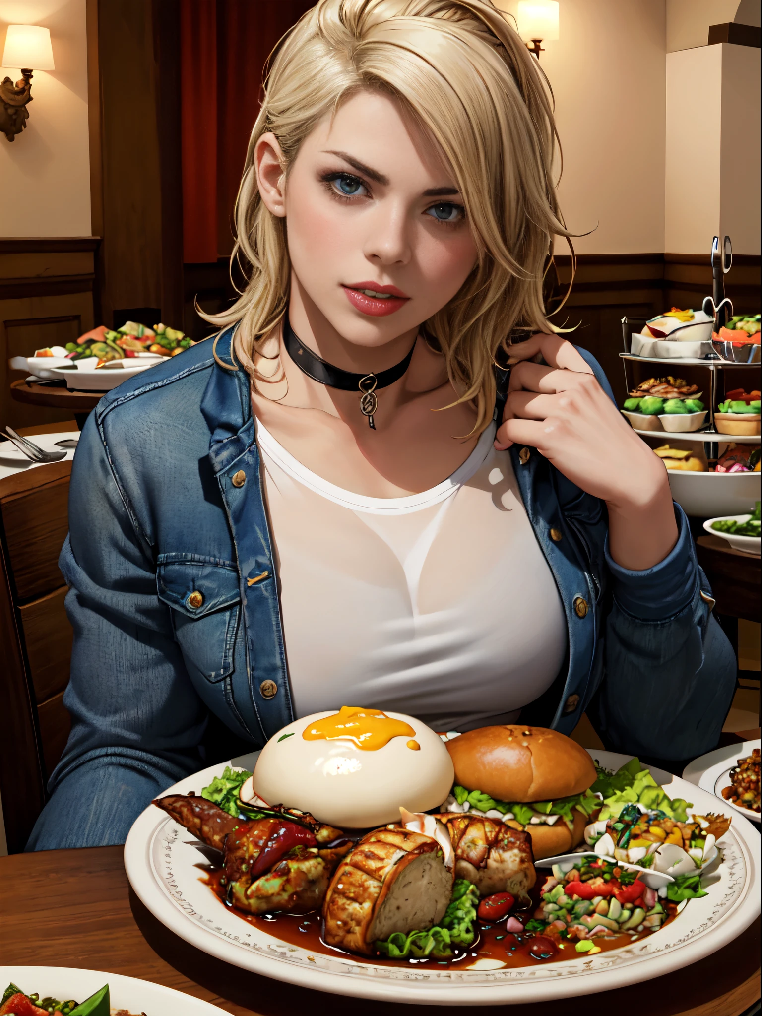 January Jones, masterpiece quality, (masterpiece quality:1.3), detailed, realistic, (realistic:1.3), at a busy restaurant, buffet table in background, lots of food in background, food everywhere, short hair, platinum hair, naked body, (naked body:1.5), wearing choker collar, small breasts, (small breasts:1.5), thin body,
