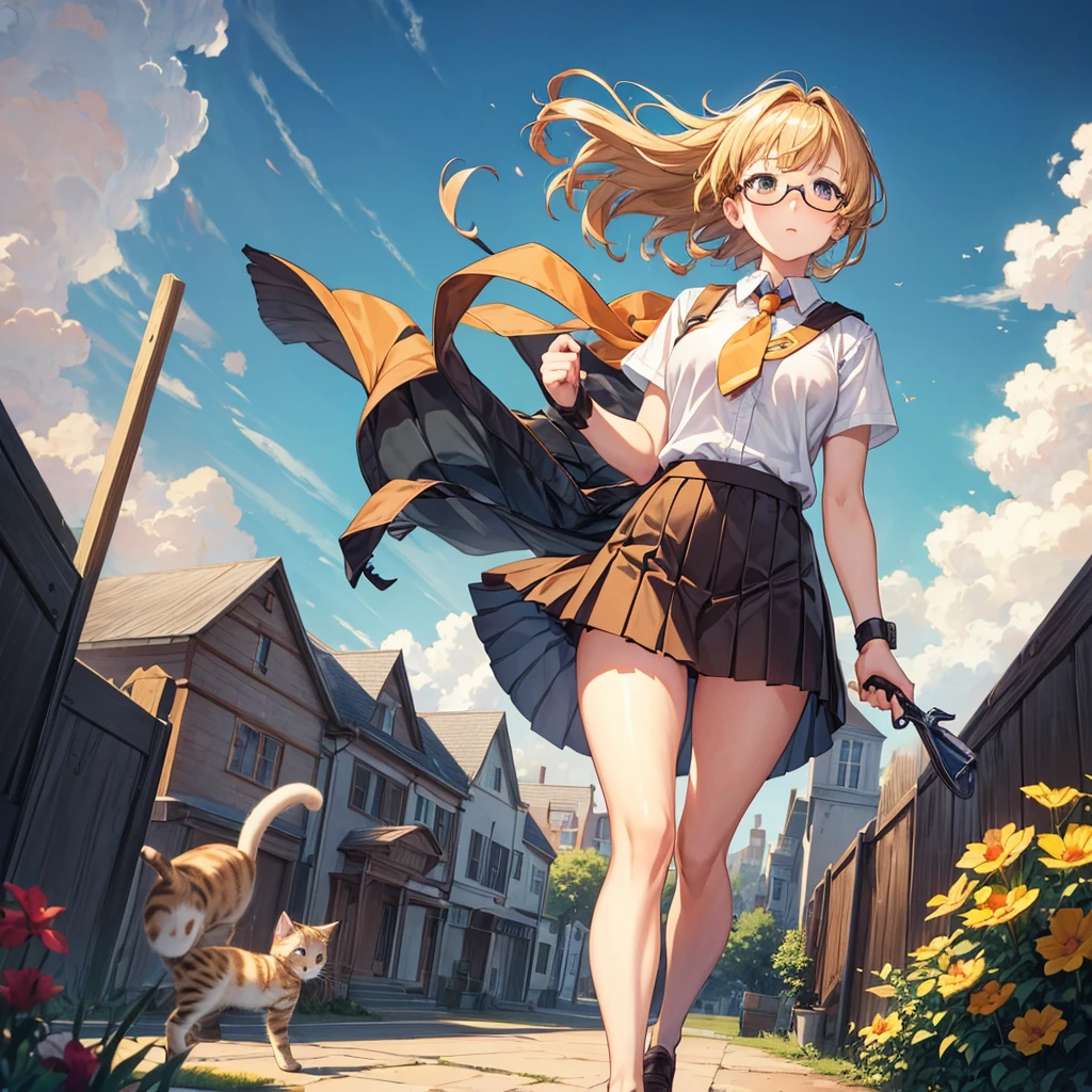 1girl in, Solo, Soft lighting, Fast execution, Blonde hair, Orange Eyes, Surprised look, (Wide open eyes), Hair Ribbon, Short hair, Brown hair, School uniform, neck tie, Belt bag, Glasses, garden, (A strong wind tears her skirt, showing underwear:1.4), (hold her skirt with her hand:1.5), (high wind effects:1.3), Camera angle looking up from below, (Pet Kittens:1.2)