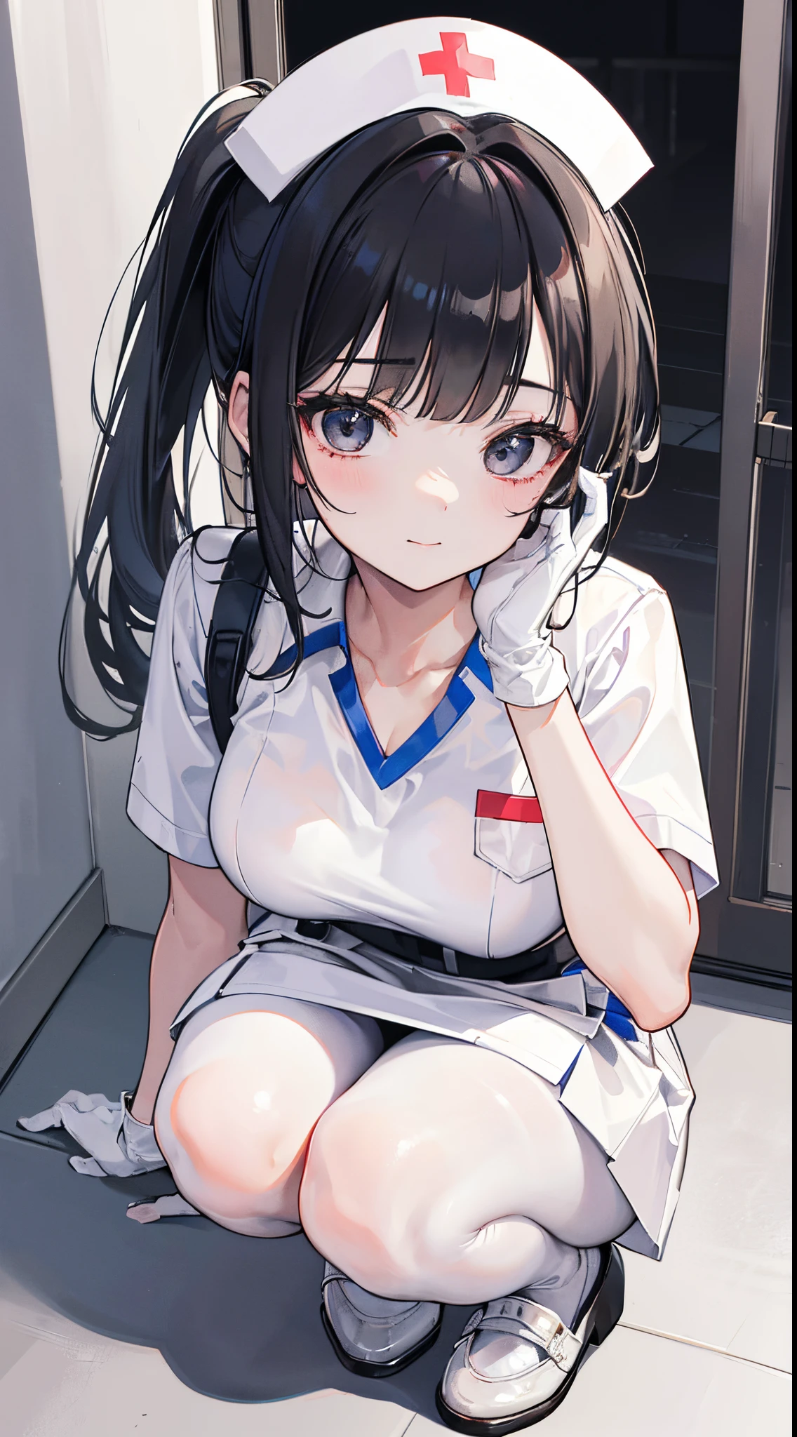 (8K、Top image quality、top-quality、masterpiece)、A detailed face、1 girl in、A dark-haired、short ponytail、blunt bangs、black eyes、smil、Moderately breasts、Nurse Cap、nurse、white glove、white pencil skirt、white pantyhose、white loafers、squatting、Hospital Background