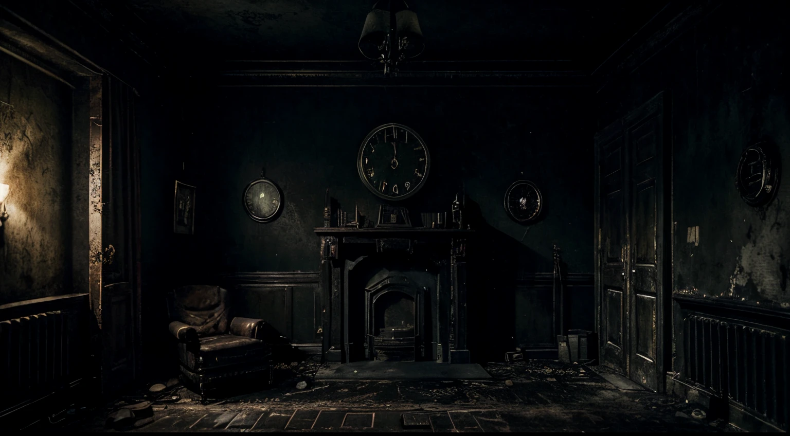 Room with a dark environment, old and off-air TV, dark and macabre Resident Evil mansion-style environment and alone in the dark, post-apocalyptic. Dark, night-time atmosphere, sinister Outlast and Resident Evil style horror location. No characters in the scene. Antique wall clock.