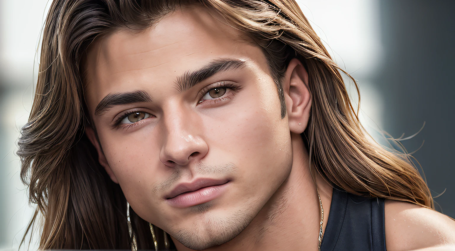 (18-year-old long-haired muscular man, Soon，Show handsome face，Combining the appeal of Joey Lawrence and Cody Calafiore, Wear well-fitting sportswear，Show off your perfect physique with confidence. stunning masterpiece, 4k high dynamic range, Extremely realistic, Douban)