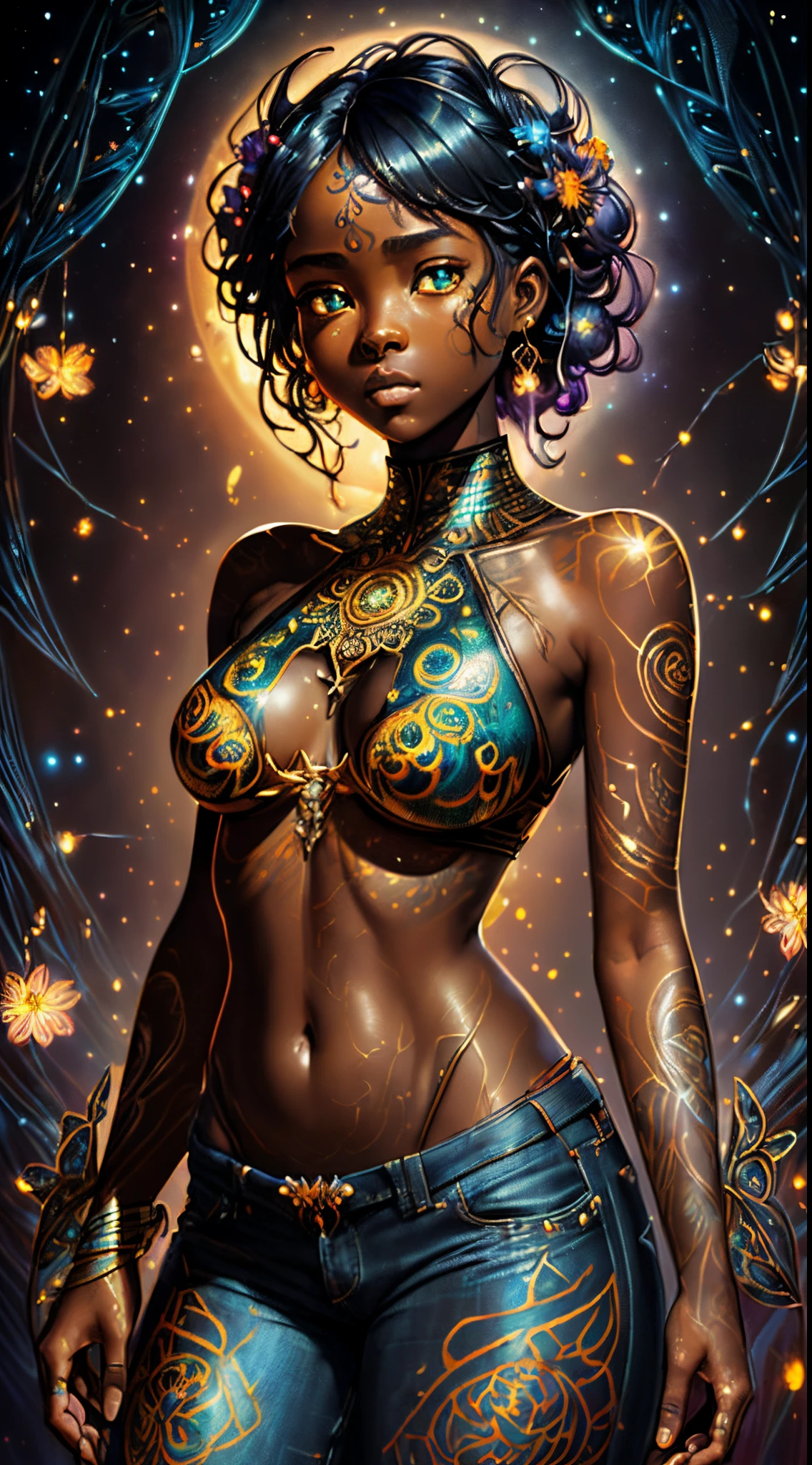 {Celestial hues, lofi, shiny aura, oil shine, cute, black girl in a crop top and baggy jeans, black hair, big pretty realistic eyes, golden tribal markings} solo ((( perfect dark skintone, perfect flawless face, highly detailed, intricate glowing motifs, beautifully detailed floral organic tracery, geometric, perfect composition, digital painting, artstation, concept art, smooth, sharp focus, illustration, Carne Griffiths, pixar, Victo ngai, Jean Baptiste Monge, beautiful, perfect eyes,  full lips, 8k, best quality, full shot )))