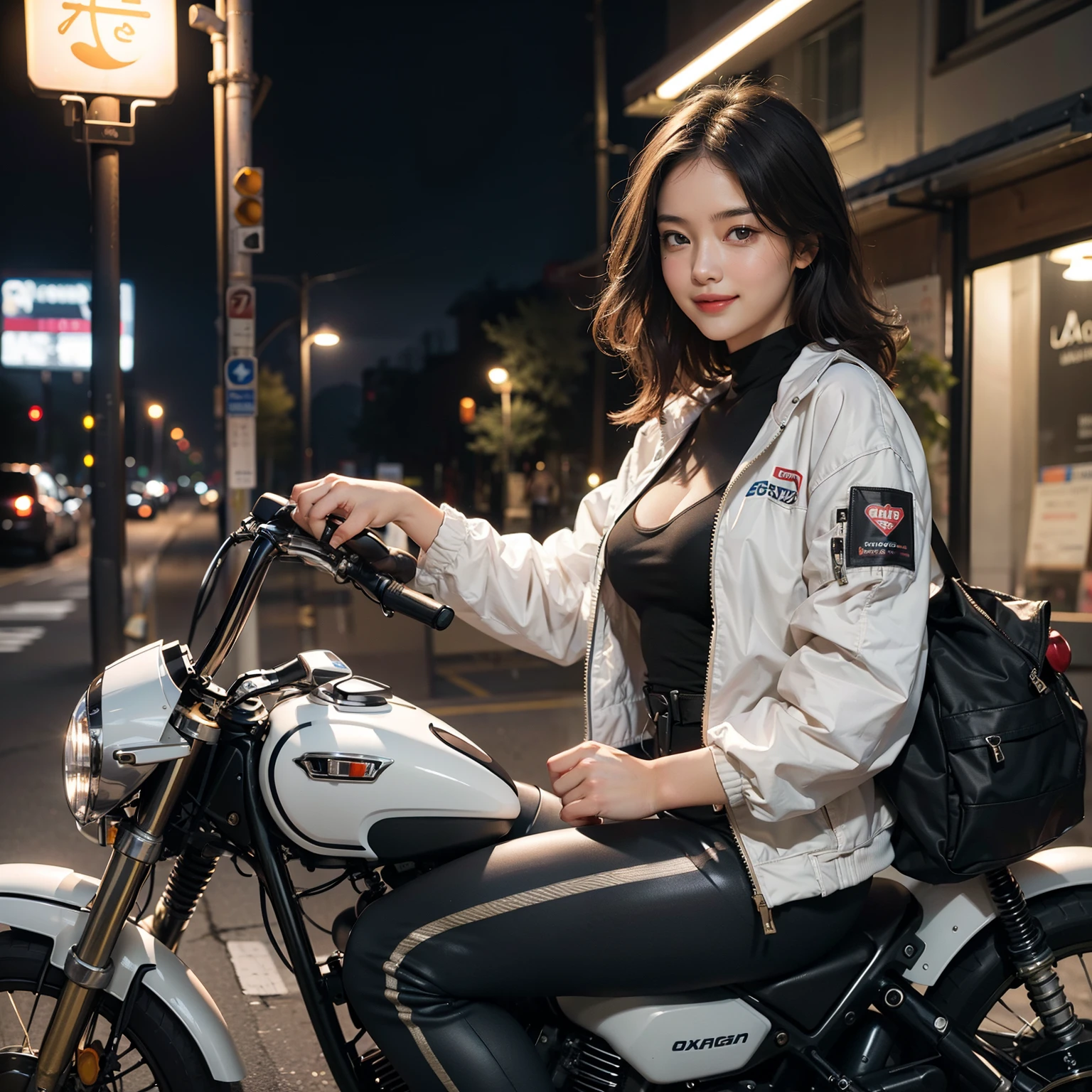 best quality, masterpiece, ultra high res, photorealistic, 1girl, smile, ladder leggings, ladder jacket, half naked, sitting on a motorcycle, late night, trafic light