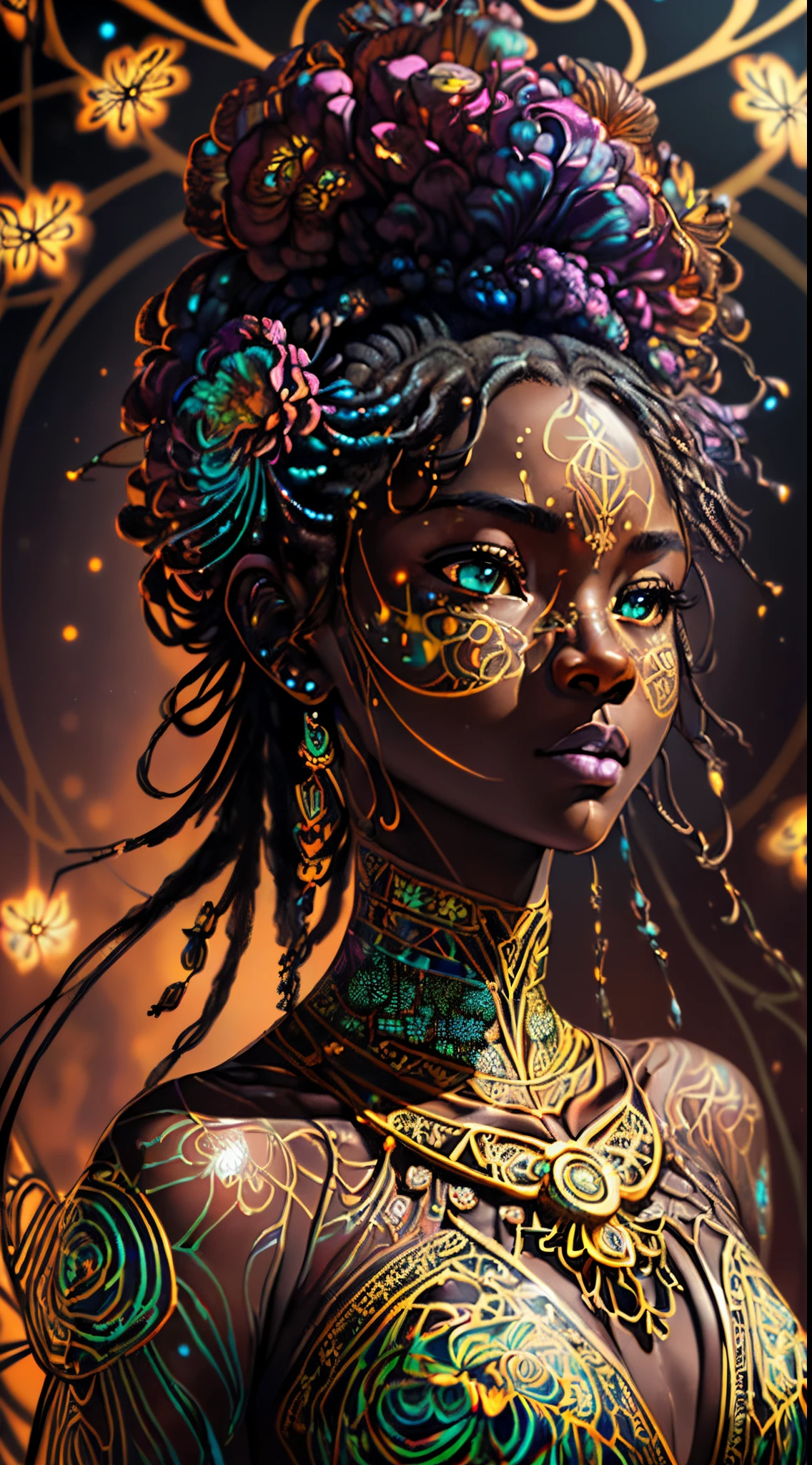 {Celestial hues, lofi, shiny aura, oil shine, cute, black girl in a crop top and baggy jeans, big pretty realistic eyes, golden tribal markings} solo ((( perfect dark skintone, perfect flawless face, highly detailed, intricate glowing motifs, beautifully detailed floral organic tracery, geometric, perfect composition, digital painting, artstation, concept art, smooth, sharp focus, illustration, ray tracing, Carne Griffiths, pixar, Victo ngai, Jean Baptiste Monge, beautiful, perfect eyes, full lips, 96k, best quality, full shot )))