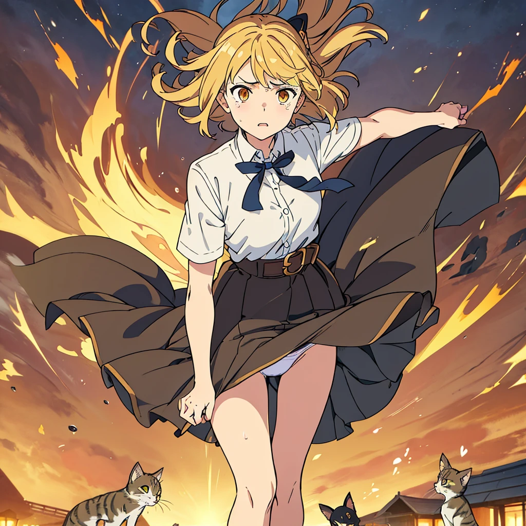1girl in, Solo, Soft lighting, Fast execution, Blonde hair, Orange Eyes, Surprised look, (Wide open eyes), Hair Ribbon, Short hair, Brown hair, School uniform, neck tie, Belt bag, Glasses, garden, (A strong wind tears her skirt, showing underwear:1.4), (hold her skirt with her hand:1.5), (Effect of strong winds:1.3), Camera angle looking up from below, (Pet Kittens:1.2)