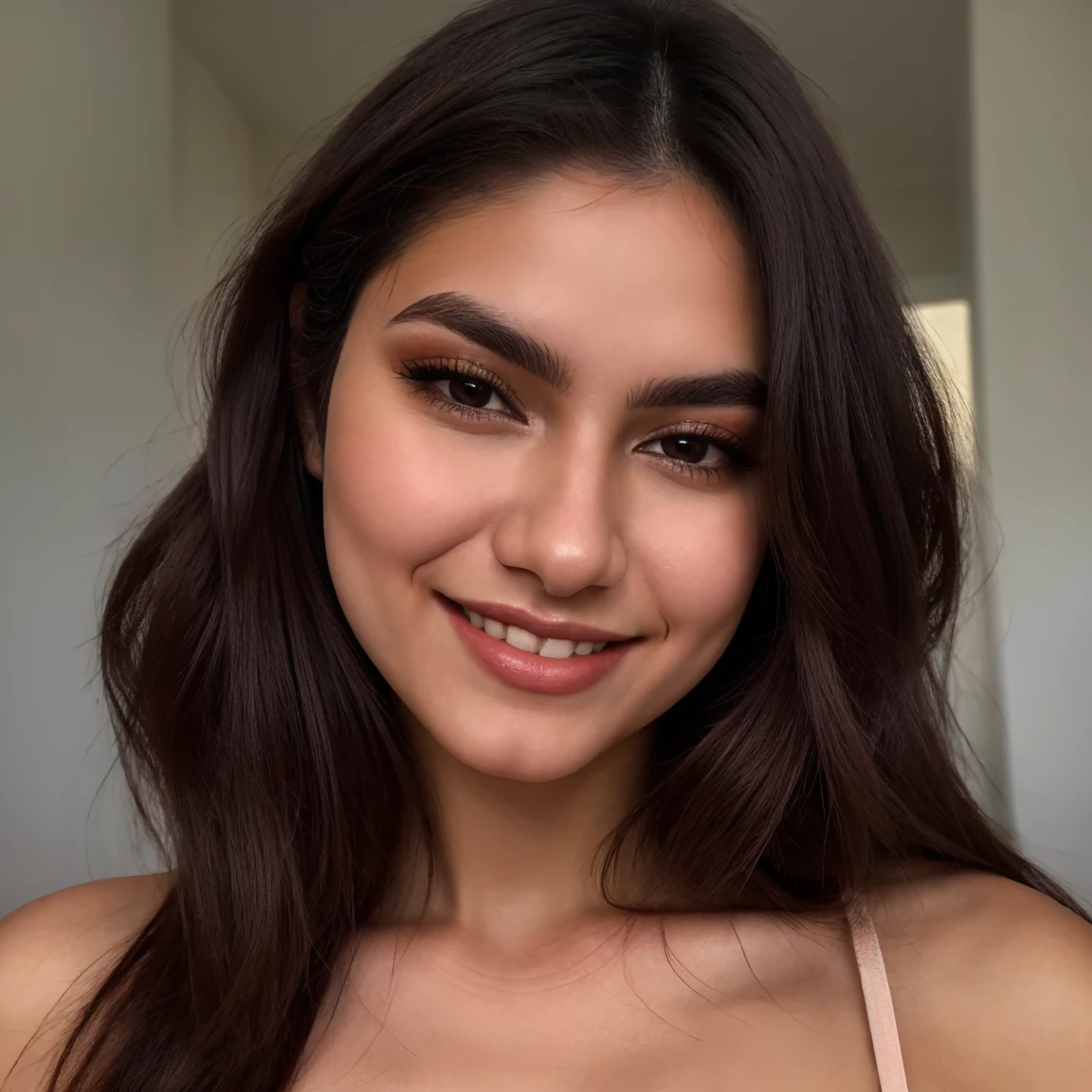 closeup portrait photo of beautiful 22 year old Latina woman named Penelope, makeup, smiling, 8k uhd, high quality, dramatic, cinematic