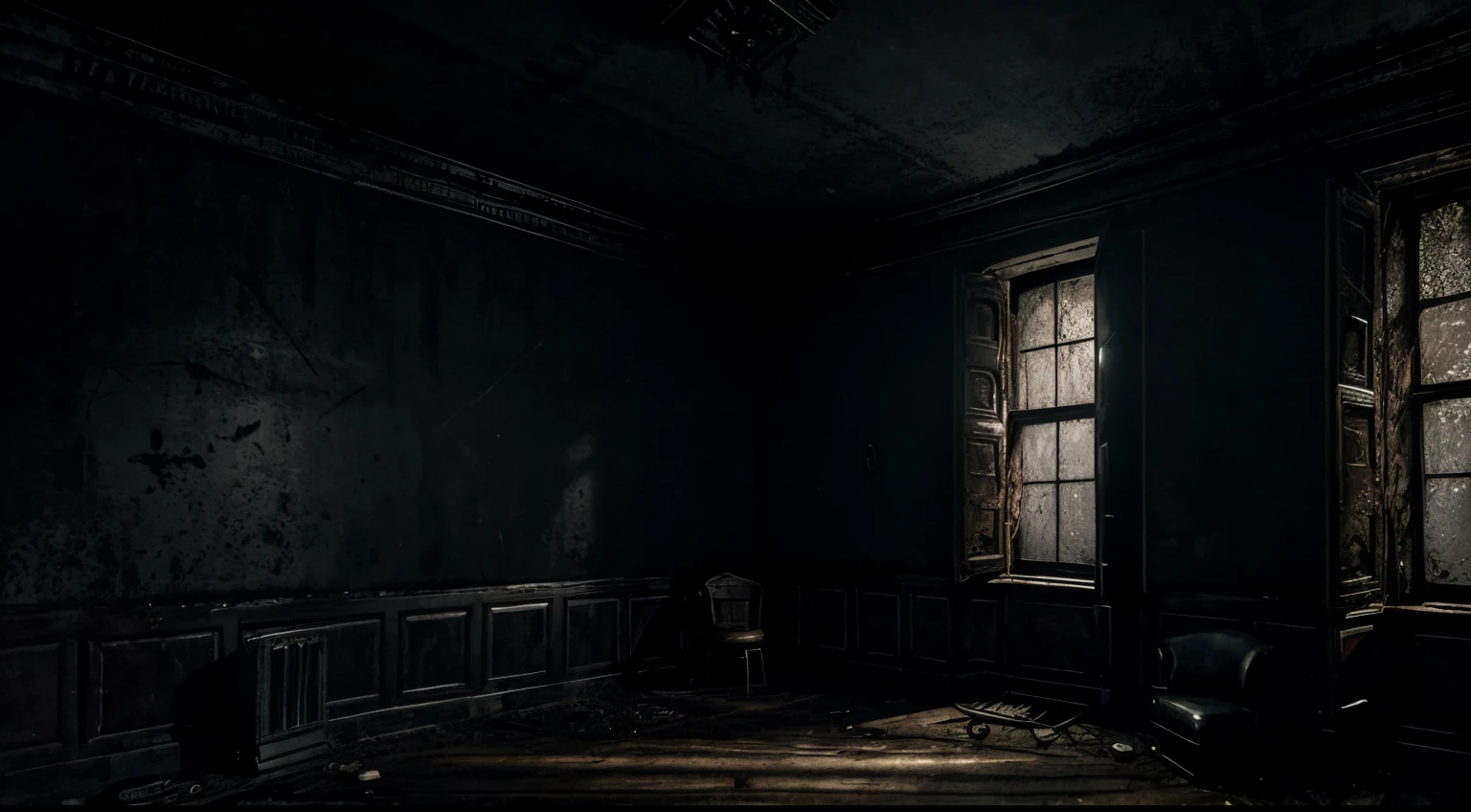 Room with a dark environment, old and off-air TV, dark and macabre Resident Evil mansion-style environment and alone in the dark, post-apocalyptic. Dark, night-time atmosphere, sinister Outlast and Resident Evil style horror location. No characters in the scene. Antique wall clock.