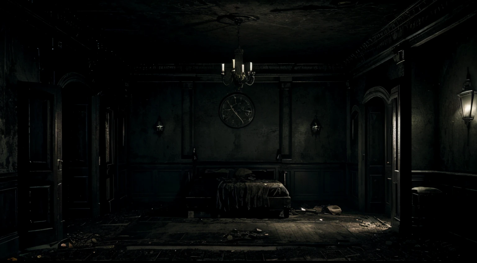 Room with a dark environment, old and off-air TV, dark and macabre Resident Evil mansion-style environment and alone in the dark, post-apocalyptic. Dark, night-time atmosphere, sinister Outlast and Resident Evil style horror location. No characters in the scene. Antique wall clock.