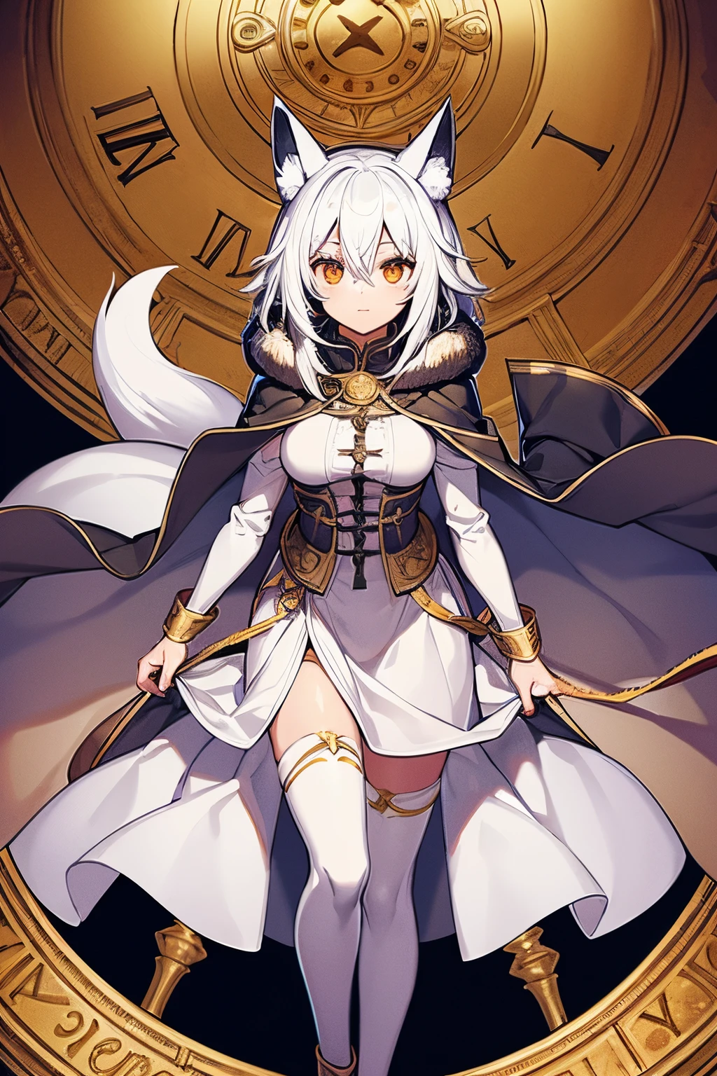 1woman, fox girl, white hair, cloak covered in Roman numerals, gold eyes, surrounded by time magic