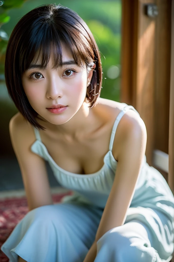 (8K、top-quality、​masterpiece:1.2)、(reallistic、Photorealsitic:1.2)（ultra-detailliert、hight resolution）(Slouched:1.3)、crouching down、(From  above:1.2)、(a closeup:1.4)Open your legs、（Sit with your knees upright:1.4）downbrouse、(Play Cajon)、Smirk,Alafed Girl, chiho, iwakura lain, closeup Iwakura Lain, With short hair, Shiori Teshirogi, Kotegawa Yui, hime-cut, She is 30 years old, sui ishida with black hair, lain iwakura, girl cute-fine-face, Clear pubic contours,(Small breasts), hight resolution, ighly detailed, top-quality, [​masterpiece:1.6],, ighly detailed, nffsw, finely detail, top-quality, , Cinematographic lighting, 1womanl、Cute Japan Woman、perfect body type、, cute droopy eyes beautiful big eyes、Transcendent beauty　top-quality、​masterpiece、majicMIX Real、(Raw photography:1.2)、(Photorealsitic:1.4)、Room at home、Shot from above　Negative Prompt