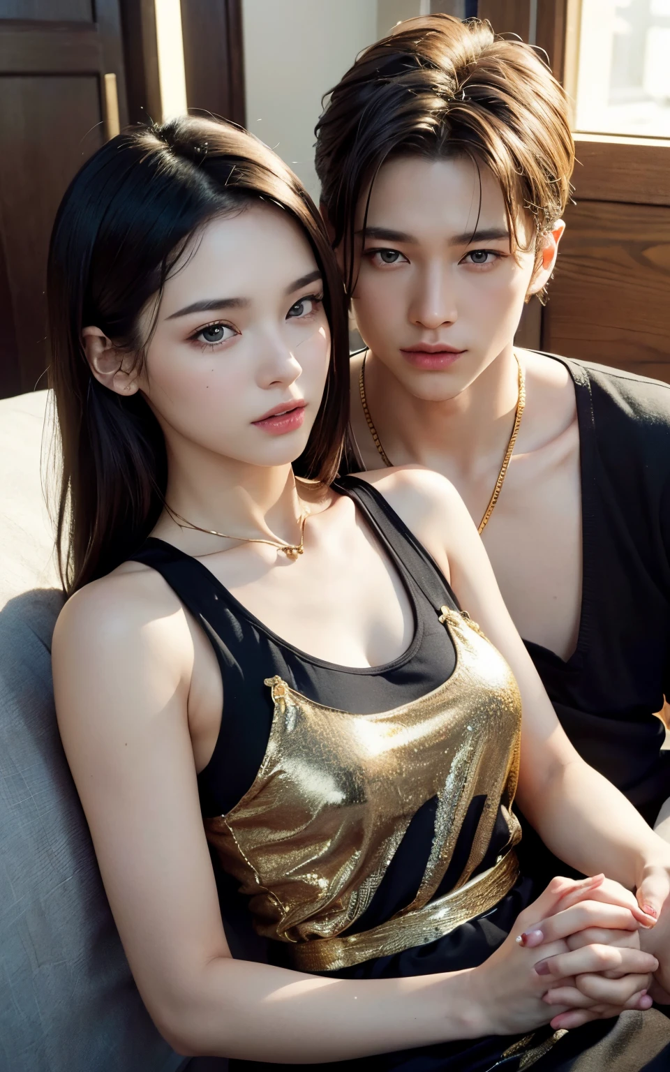 (lifelike， ultra high - resolution：1.3, (realism: 1.4), ((close up:0.75)) A couple, young masculine male with gold colored short hair, wearing a tank top, holding hands with a young woman with black long hair, wearing a white dress, heterosexual good looking couple.