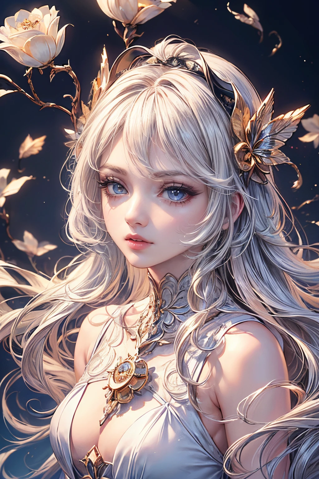 (Best quality at best, 8K, CG, Beautiful and detailed upper body, Solitude, Thumb girl, Transparent court dress, florest background, Complex facial features, long and flowing hair, almond eyes, exquisite eye makeup, long eyelashes fluttering, Blink big eyes, starrysky, Delicate lip detailing, Soft and harmonious style)