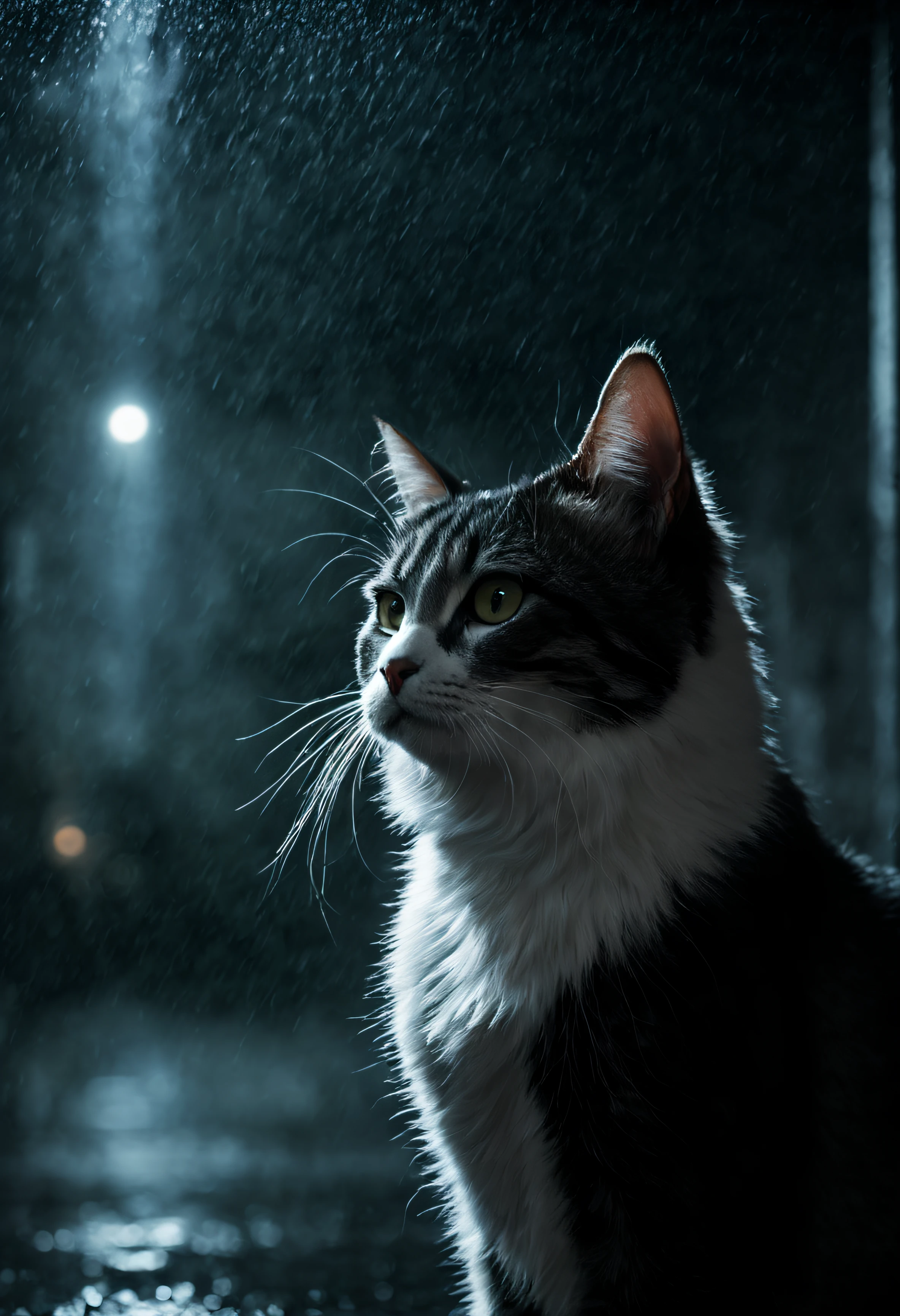 eine Katze，Solitude， natta，with heavy rains，real time transmission, 4K, HighDynamicRange, artistically, Realistic art，cinematic Film still from,  somber mood, Photographic realism, filmgrain, cinematic Film still from, bokeh, Complicated details, Perfect work, Beautifully detailed complexity Crazy detailed octane rendering, 4K Fine Art Photography, realism concept art, Soft, natural volume, perfect light for movies, lightand shade contrast, award winning photography, tmasterpiece,