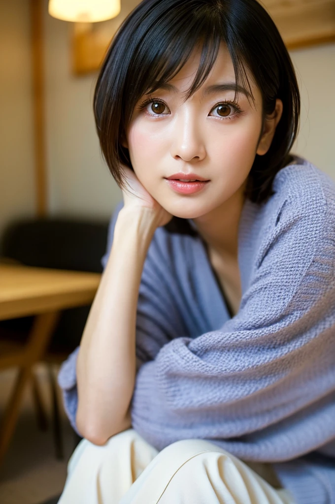 (8K、top-quality、​masterpiece:1.2)、(reallistic、Photorealsitic:1.2)（ultra-detailliert、hight resolution）(Slouched:1.3)、crouching down、(From  above:1.2)、(a closeup:1.4)Open your legs、（Sit with your knees upright:1.4）down sweater、Smirk,Alafed Girl, chiho, iwakura lain, closeup Iwakura Lain, With short hair, Shiori Teshirogi, Kotegawa Yui, hime-cut, She is 30 years old, sui ishida with black hair, lain iwakura, Beautiful woman - well-groomed face, Clear pubic contours,(Small breasts), hight resolution, ighly detailed, top-quality, [​masterpiece:1.6],, ighly detailed, nffsw, finely detail, top-quality, , Cinematographic lighting, 1womanl、Cute Japan Woman、perfect body type、, cute droopy eyes beautiful big eyes、Transcendent beauty　top-quality、​masterpiece、majicMIX Real、(Raw photography:1.2)、(Photorealsitic:1.4)、Room at home、Kotatsu、Eating tangerines、Shot from above　Negative Prompt