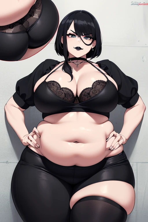 (Masterpiece, Best Quality, High Quality:1.4), (professional artwork, extremely detailed girl:1.0), 8k, detailed eyes, perfect face, 2girl, (voluptuous, mature female, plump, large lips:1.2), wide hips, thick thighs, heavy makeup, bottom heavy:1.4), (skindentation, long eyelashes, dark eyeshadow, looking at viewer, bright eyes, close up, annoyed, angry, from below, fat, obese, big belly, huge belly, sagging breasts, sagging belly, cruel smile, sadistic smile, bloated belly, wobbling belly, goth girl, black hair, black lipstick