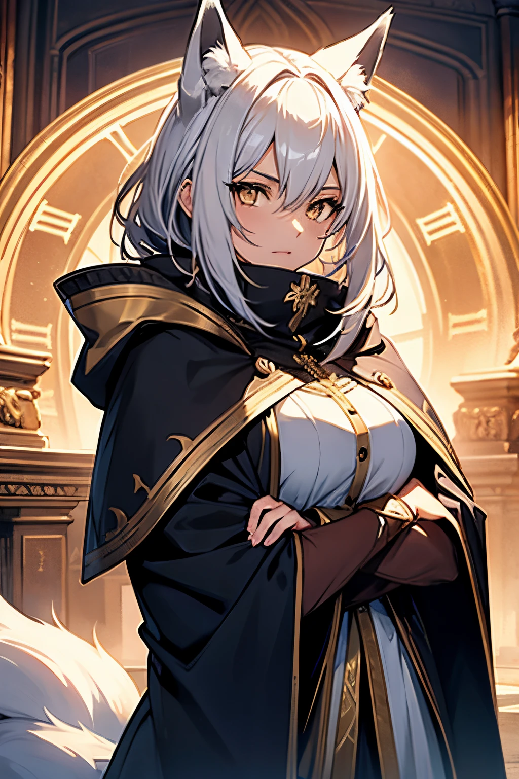 1woman, fox girl, white hair, cloak covered in Roman numerals, gold eyes, surrounded by time magic