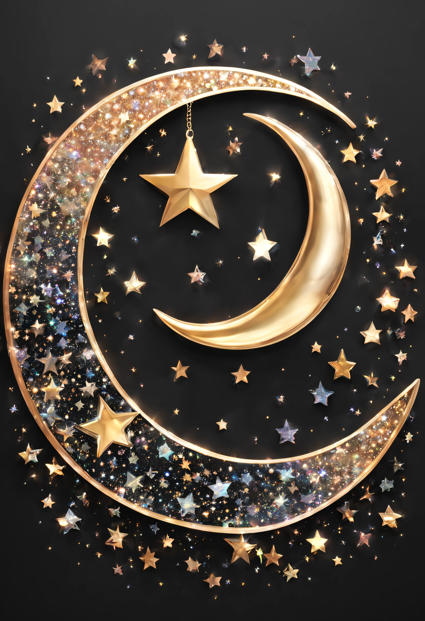 holographic, crescent moon, stars, heart, sparkle, black background