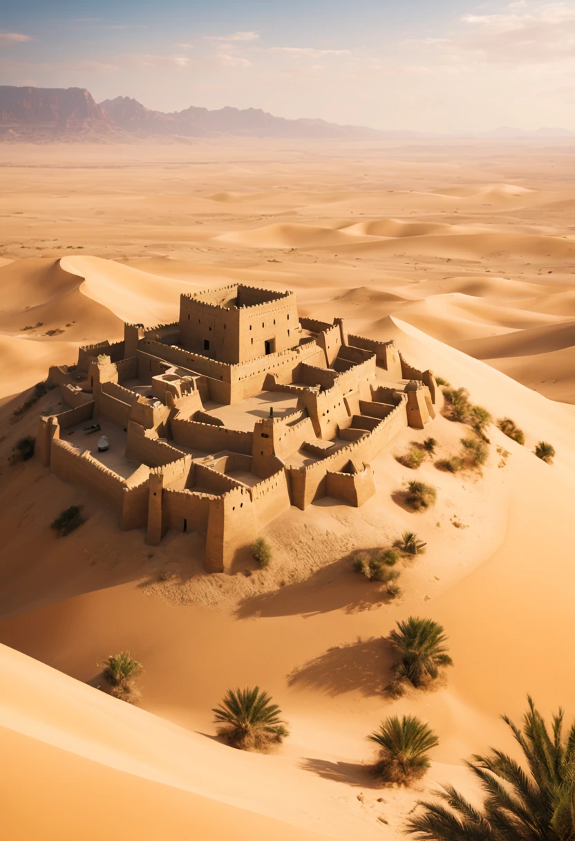 An ancient citadel hidden in the arid desert, surrounded by sand dunes