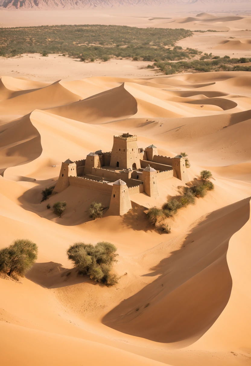 An ancient citadel hidden in the arid desert, surrounded by sand dunes