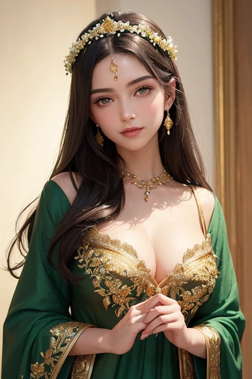 (a beautiful dark-haired woman with mesmerizing green eyes, a mischievous smile, and flawless skin),(vibrant brush strokes, oil painting),(a delicate flower crown on her head, flowing gown made of ethereal fabric),(best quality, ultra-detailed, realistic),(portrait),(a warm and dreamy color palette, with hints of gold and purple),(soft natural lighting, casting a gentle glow on her face)