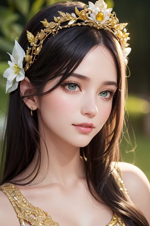 (a beautiful dark-haired woman with mesmerizing green eyes, a mischievous smile, and flawless skin),(vibrant brush strokes, oil painting),(a delicate flower crown on her head, flowing gown made of ethereal fabric),(best quality, ultra-detailed, realistic),(portrait),(a warm and dreamy color palette, with hints of gold and purple),(soft natural lighting, casting a gentle glow on her face)