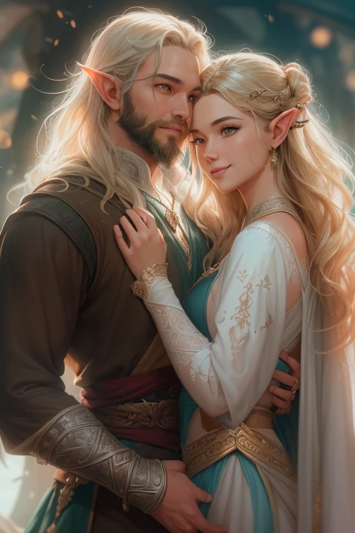 ((A smiling couple in love)), ((woman with long brown hair an elvish dress)), standing with ((a masculine man with short blonde hair and a full blonde beard wearing elvish clothes)), blue eyes, hair with many details, 8k artgerm bokeh, fanart best artstation, render photorealistic, guweiz-style art, inspired by WLOP, ig model | artgerm, detailed waist up portrait, stunning wait up portrait of realistic face, beautiful waist up portrait, deviantart artstation cgscosiety, cinematic realistic portrait, high quality portrait, elegant digital painting, photorealistic artstyle, ((rivendel background)), ((looking at the camera)), lord of the rings, perfect face