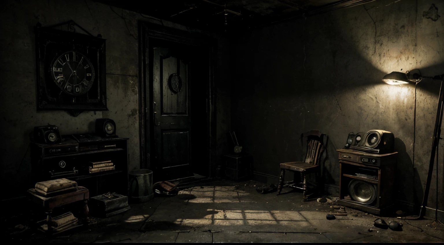 Room with a dark environment, old and off-air TV, dark and macabre Resident Evil mansion-style environment and alone in the dark, post-apocalyptic. Dark, night-time atmosphere, sinister Outlast and Resident Evil style horror location. No characters in the scene. Antique wall clock. Old TV with broken toys on the floor, small headless and dirty dolls.