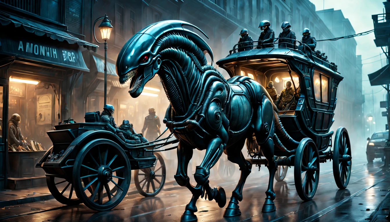 (a futuristic dystopian,scifi,xenomorph,mysterious) horse-drawn cart,best quality,4k,8k,highres,masterpiece:1.2,ultra-detailed,realistic:1.37,[HDR] [UHD],studio lighting,ultra-fine painting,sharp focus,physically-based rendering,extreme detail description,professional,vivid colors,portraits,landscape,concept artists,colorful vibrant tones,ambient lighting