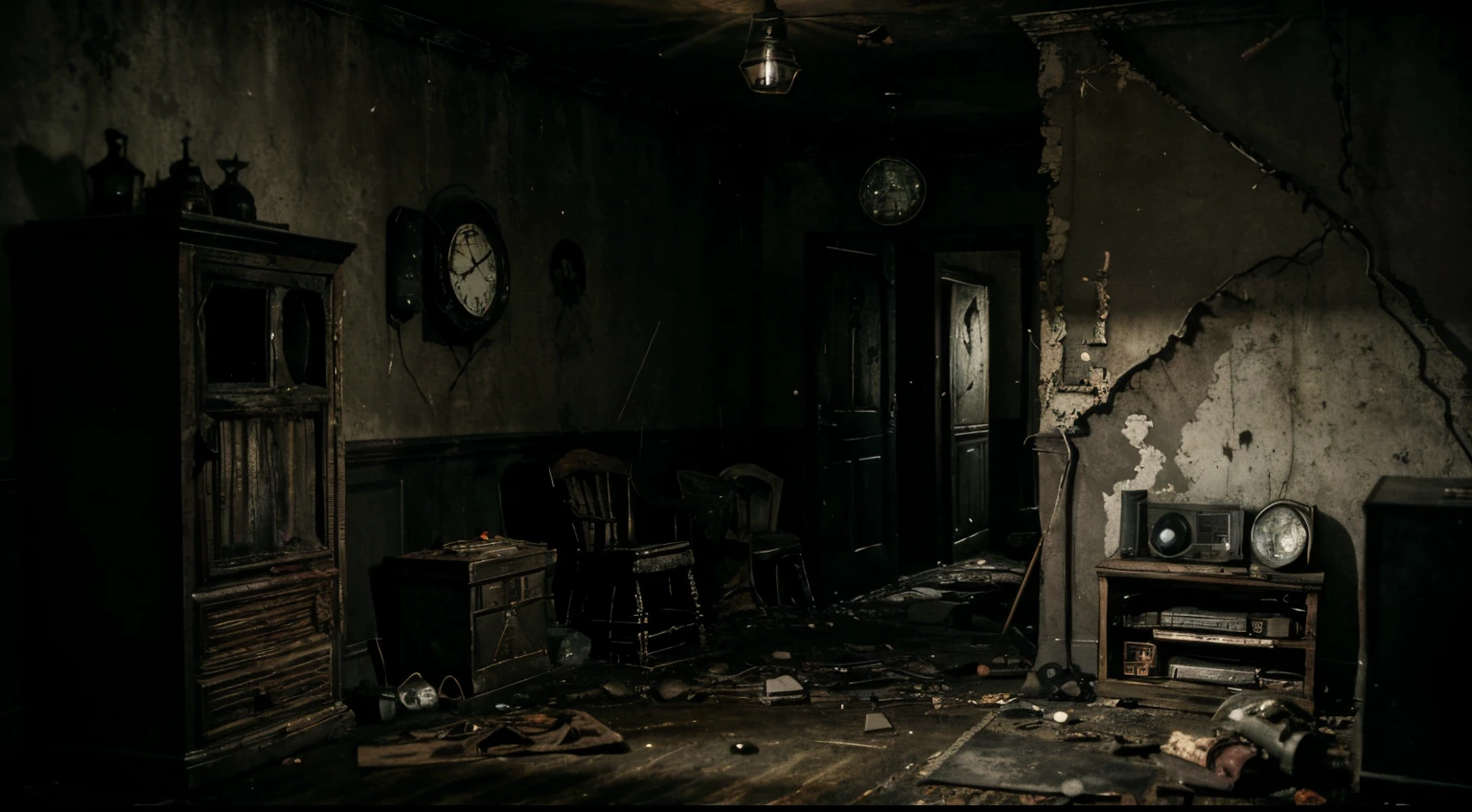 Room with a dark environment, old and off-air TV, dark and macabre Resident Evil mansion-style environment and alone in the dark, post-apocalyptic. Dark, night-time atmosphere, sinister Outlast and Resident Evil style horror location. No characters in the scene. Antique wall clock. Old TV with broken toys on the floor, small headless and dirty dolls.